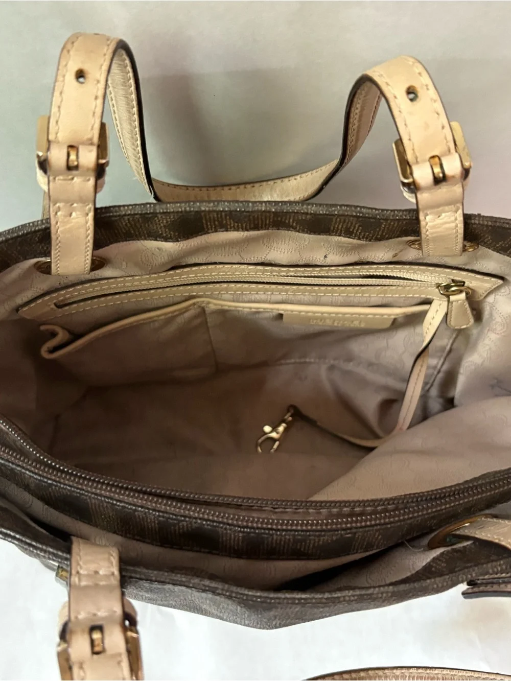 Michael Kors Brown MK Logo Tote with Cream Leather Straps